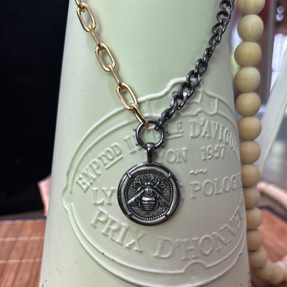 Gold and Black Chain Necklace with Silver Bee Pendant